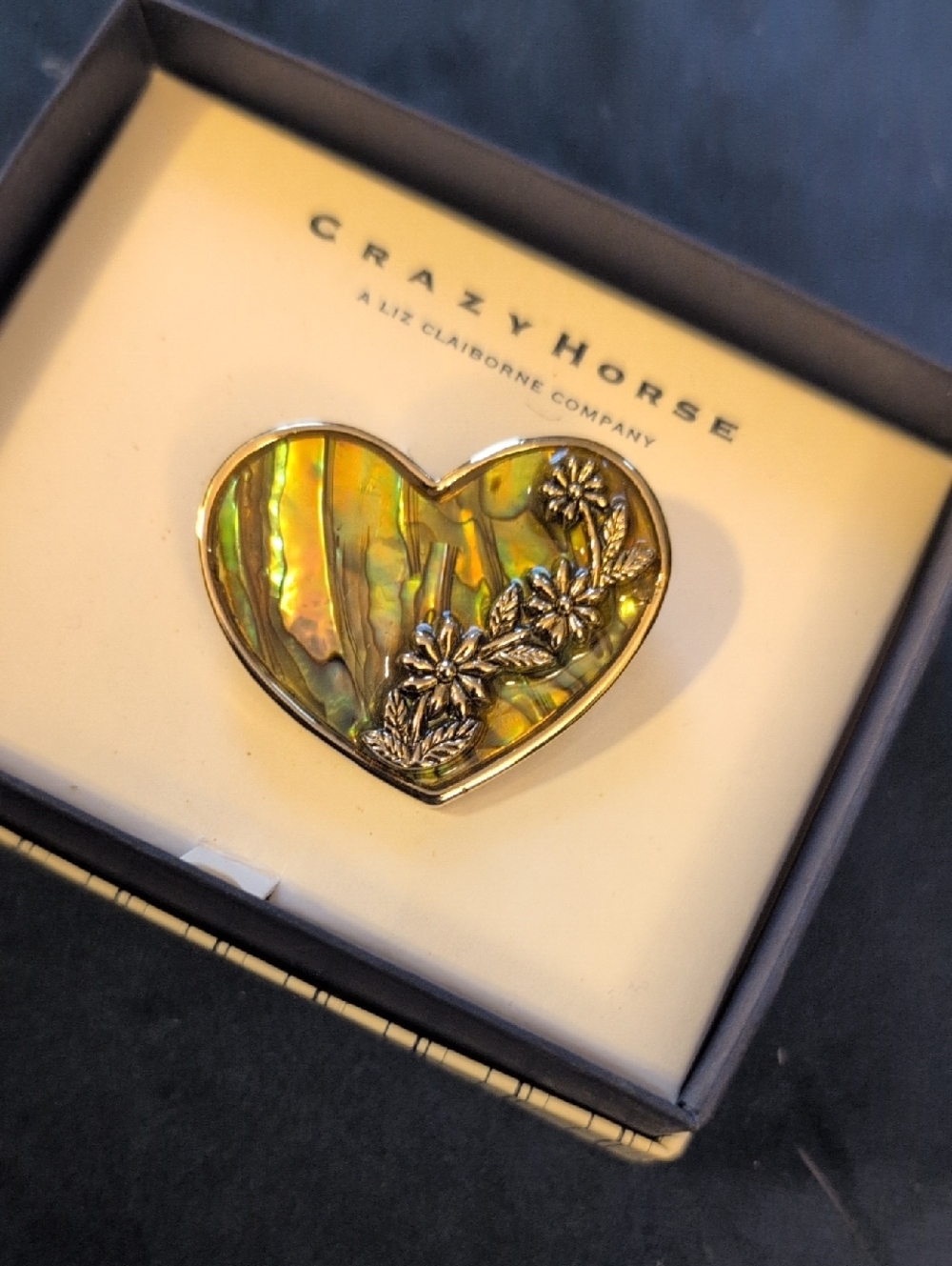 Crazy Horse Abalone Heart Pin - Iridescent Green Gold Floral Accent